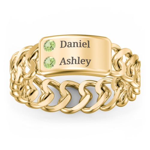 Heart Chain Link Ring with Nameplate – 18K Gold Plated Silver with Peridot