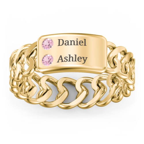 Heart Chain Link Ring with Nameplate – 18K Gold Plated Silver with Pink Tourmaline