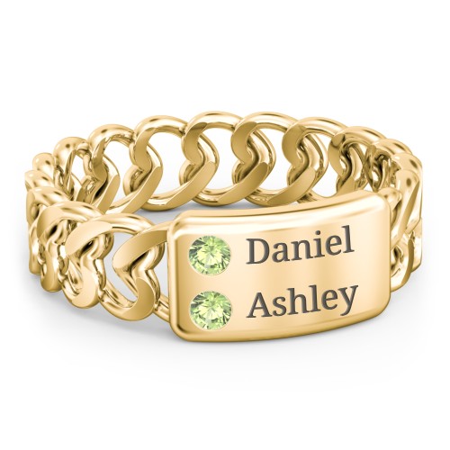 Heart Chain Link Ring with Nameplate – 18K Gold Plated Silver with Peridot