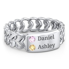 Heart Chain Link Ring with Nameplate – 10K White Gold with Pink Tourmaline and Citrine