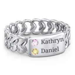 Heart Chain Link Ring with Nameplate in 10K Solid White Gold with Pink Tourmaline and Citrine