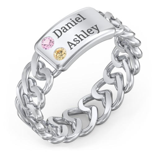 Heart Chain Link Ring with Nameplate – 10K White Gold with Pink Tourmaline and Citrine