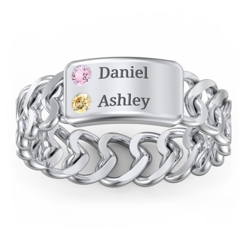 Heart Chain Link Ring with Nameplate – 10K White Gold with Pink Tourmaline and Citrine