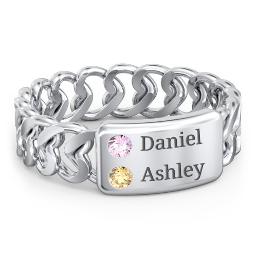 Heart Chain Link Ring with Nameplate – 10K White Gold with Pink Tourmaline and Citrine