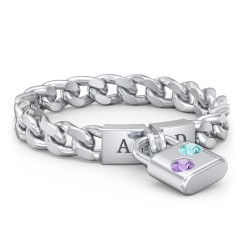 Engravable Padlock Chain Ring with Gemstones – Sterling Silver with Amethyst and Mint Premium Zirconia