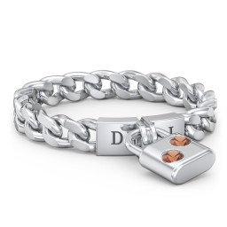 Engravable Padlock Chain Ring with Gemstones in 925 Sterling Silver with Garnet