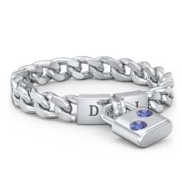 Engravable Padlock Chain Ring with Gemstones in 925 Sterling Silver with Blue Sapphire