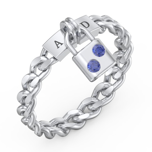 Engravable Padlock Chain Ring with Gemstones – Sterling Silver with Blue Sapphire