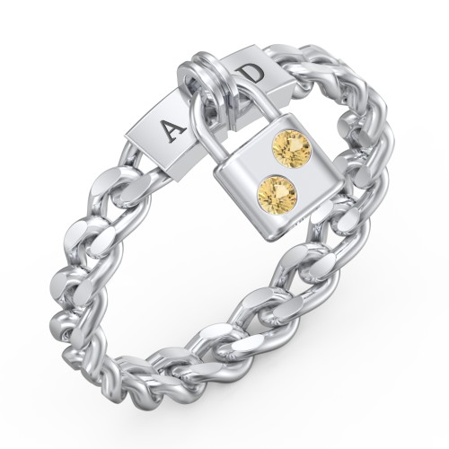 Engravable Padlock Chain Ring with Gemstones – Sterling Silver with Citrine
