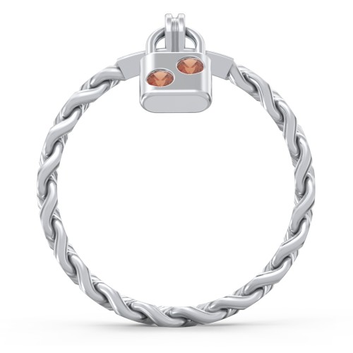 Engravable Padlock Chain Ring with Gemstones – Sterling Silver with Garnet