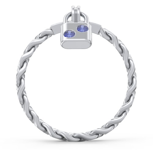 Engravable Padlock Chain Ring with Gemstones – Sterling Silver with Blue Sapphire