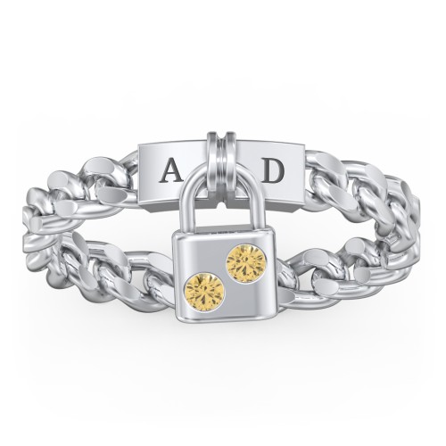 Engravable Padlock Chain Ring with Gemstones – Sterling Silver with Citrine