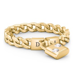 Engravable Padlock Chain Ring with Gemstones in 10K Solid Yellow Gold with Cubic Zirconia