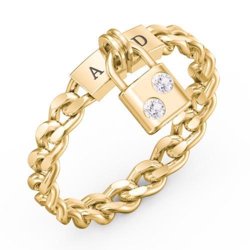 Engravable Padlock Chain Ring with Gemstones – 10K Yellow Gold with Cubic Zirconia