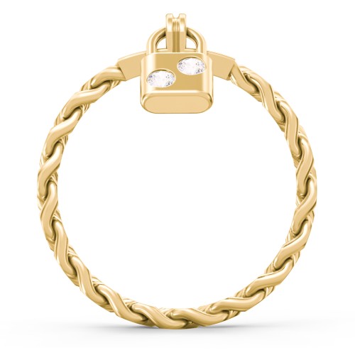 Engravable Padlock Chain Ring with Gemstones – 10K Yellow Gold with Cubic Zirconia