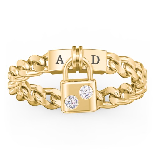Engravable Padlock Chain Ring with Gemstones – 10K Yellow Gold with Cubic Zirconia