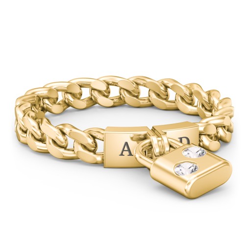 Engravable Padlock Chain Ring with Gemstones – 10K Yellow Gold with Cubic Zirconia