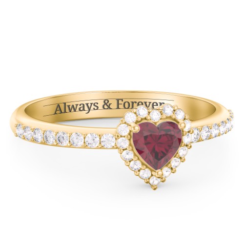 Halo Heart Ring with Accented Band – 18K Gold Plated Silver with Ruby and White Premium Zirconia
