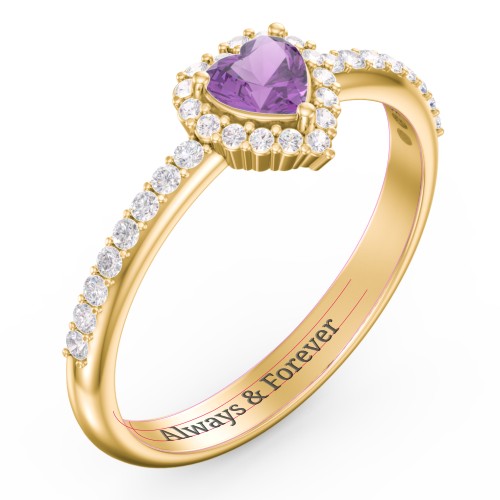 Halo Heart Ring with Accented Band – 18K Gold Plated Silver with Amethyst and White Premium Zirconia