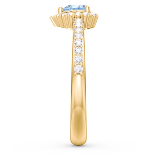 Halo Heart Ring with Accented Band – 18K Gold Plated Silver with Aquamarine and White Premium Zirconia