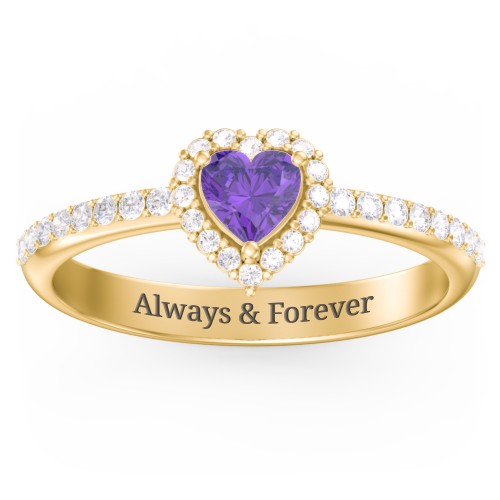 Halo Heart Ring with Accented Band – 18K Gold Plated Silver with Amethyst and White Premium Zirconia