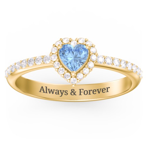Halo Heart Ring with Accented Band – 18K Gold Plated Silver with Blue Topaz and White Premium Zirconia