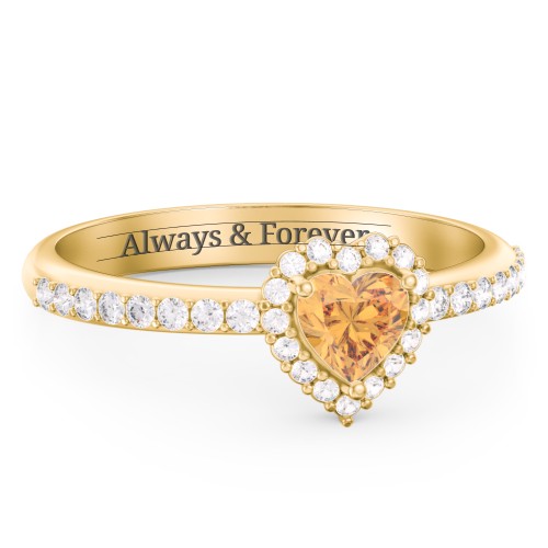 Halo Heart Ring with Accented Band – 18K Gold Plated Silver with Citrine and White Premium Zirconia