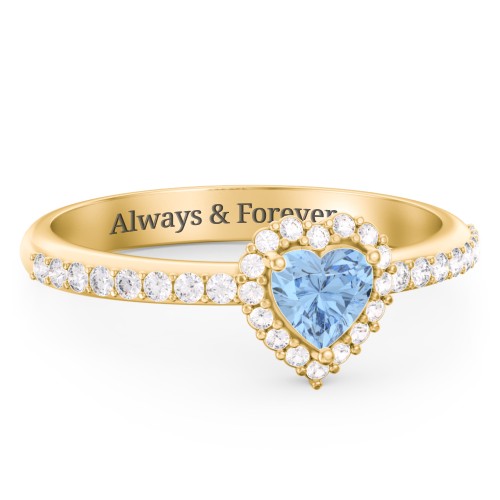 Halo Heart Ring with Accented Band – 18K Gold Plated Silver with Blue Topaz and White Premium Zirconia