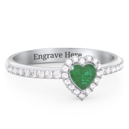 Halo Heart Ring with Accented Band in 925 Sterling Silver with Emerald and White Premium Zirconia