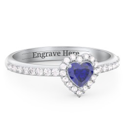 Halo Heart Ring with Accented Band in 925 Sterling Silver with Blue Sapphire and White Premium Zirconia