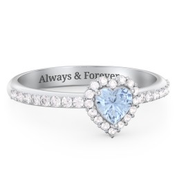 Halo Heart Ring with Accented Band in 925 Sterling Silver with Aquamarine and White Premium Zirconia