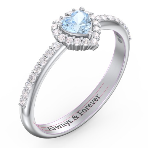 Halo Heart Ring with Accented Band – Sterling Silver with Aquamarine and White Premium Zirconia