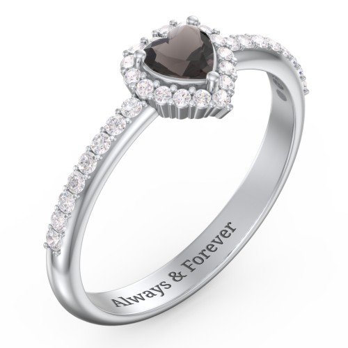 Halo Heart Ring with Accented Band – Sterling Silver with Smokey Quartz and White Premium Zirconia