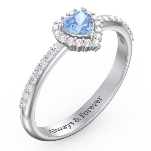 Halo Heart Ring with Accented Band – Sterling Silver with Blue Topaz and White Premium Zirconia