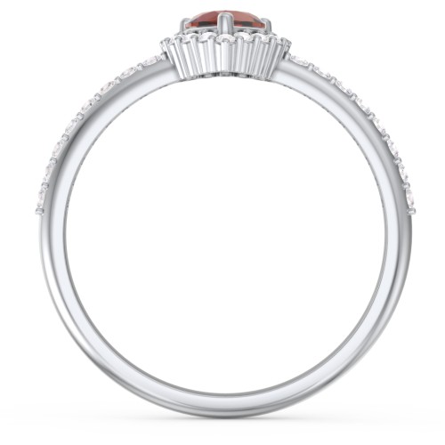 Halo Heart Ring with Accented Band – Sterling Silver with Garnet and White Premium Zirconia
