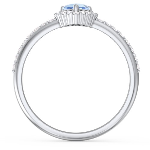 Halo Heart Ring with Accented Band – Sterling Silver with Blue Topaz and White Premium Zirconia