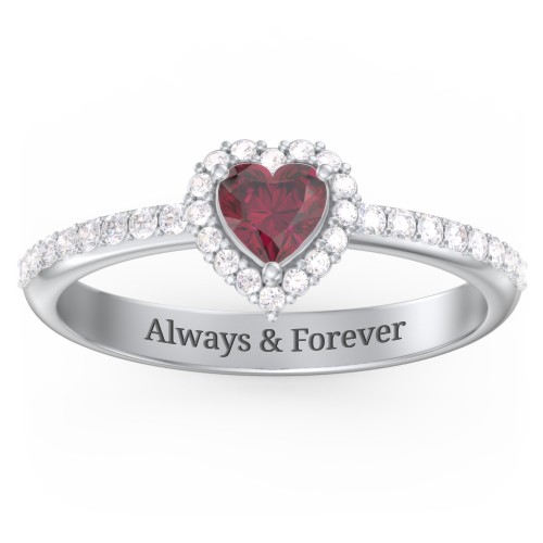 Halo Heart Ring with Accented Band – Sterling Silver with Ruby and White Premium Zirconia