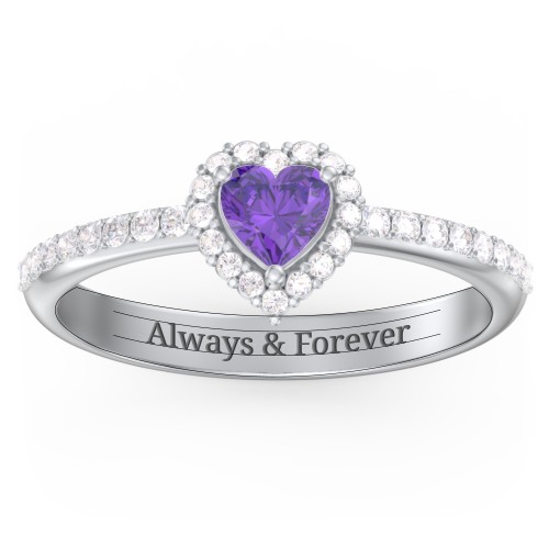 Halo Heart Ring with Accented Band – Sterling Silver with Amethyst and White Premium Zirconia