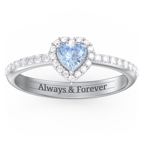 Halo Heart Ring with Accented Band – Sterling Silver with Aquamarine and White Premium Zirconia