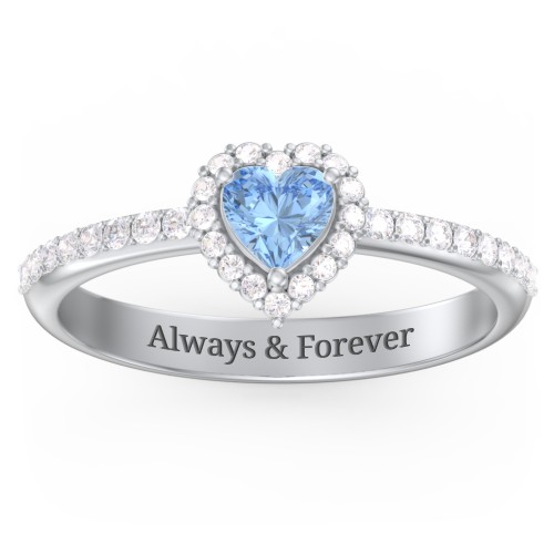 Halo Heart Ring with Accented Band – Sterling Silver with Blue Topaz and White Premium Zirconia