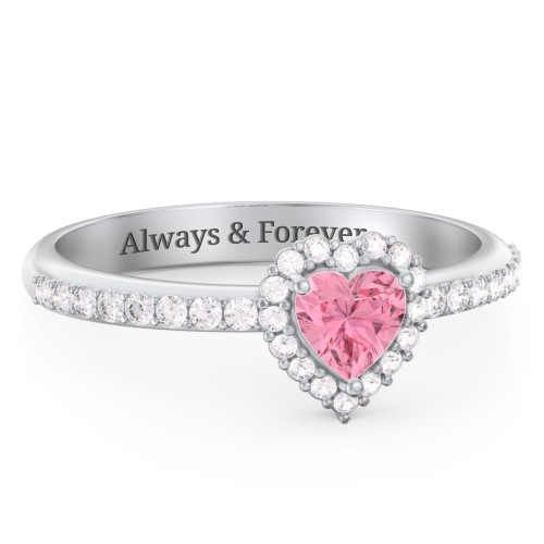 Halo Heart Ring with Accented Band – Sterling Silver with Pink Tourmaline and White Premium Zirconia