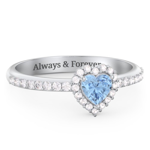 Halo Heart Ring with Accented Band – Sterling Silver with Blue Topaz and White Premium Zirconia