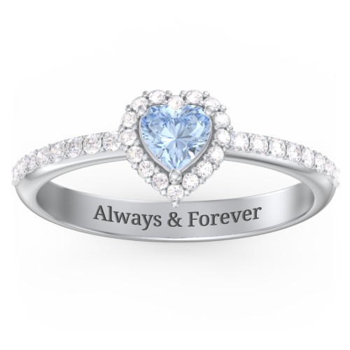 Halo Heart Ring with Accented Band – 10K White Gold with Aquamarine and White Premium Zirconia