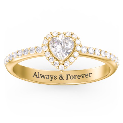 Halo Heart Ring with Accented Band – 10K Yellow Gold with Cubic Zirconia and White Premium Zirconia