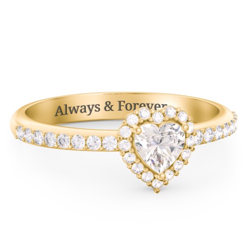 Halo Heart Ring with Accented Band – 10K Yellow Gold with Cubic Zirconia and White Premium Zirconia