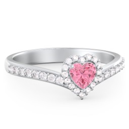 V-Shaped Halo Heart Ring with Accented Band
