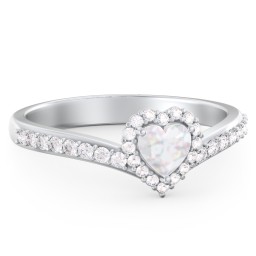 V-Shaped Halo Heart Ring with Accented Band