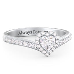 V-Shaped Halo Heart Ring with Accented Band