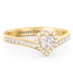 V-Shaped Halo Heart Ring with Accented Band in 18K Gold Plated Silver with Cubic Zirconia and White Premium Zirconia