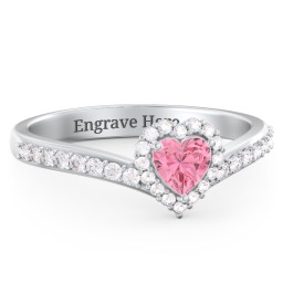 V-Shaped Halo Heart Ring with Accented Band